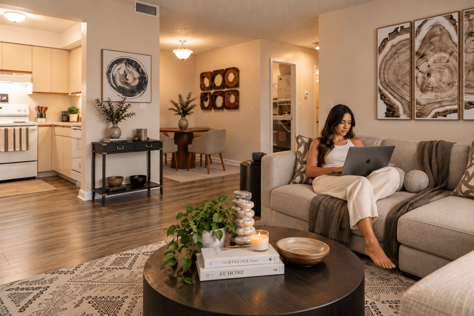 A woman is sitting on a couch using a laptop in a well-lit living room.